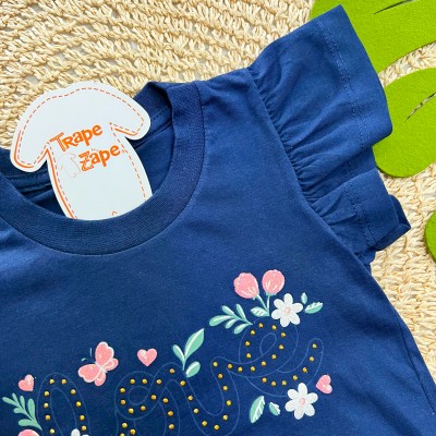 Conj. Blusa Love Floral e Short - Marinho